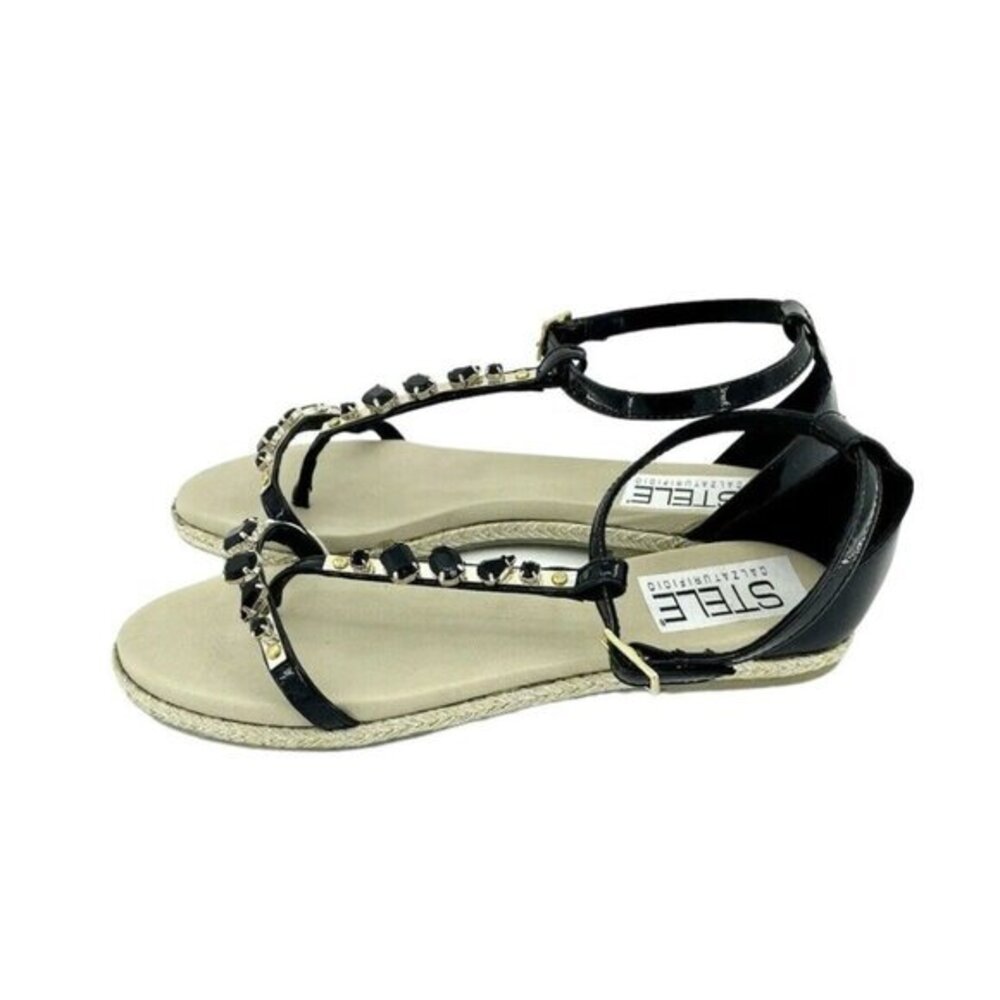 Stele Thong Sandals Jeweled Rhinestones Black Patent Leather SZ 37 EU 6.5 EU NIB